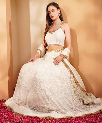white georgette sequin lehenga set with choli and dupatta 3