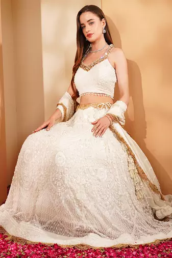 white georgette sequin lehenga set with choli and dupatta