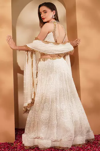 white georgette sequin lehenga set with choli and dupatta
