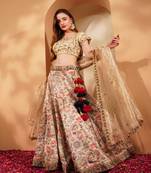 Light Beige Gicha Silk Printed Lehenga Set With Hand Embroidered Blouse And Dupatta