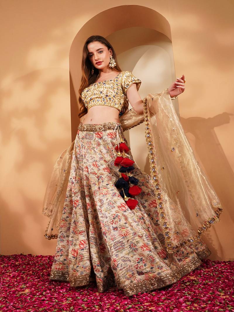 Light Beige Gicha Silk Printed Lehenga Set With Hand Embroidered Blouse And Dupatta
