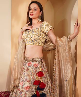 light beige gicha silk printed lehenga set with hand embroidered blouse and dupatta 2