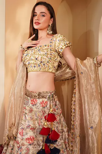 light beige gicha silk printed lehenga set with hand embroidered blouse and dupatta