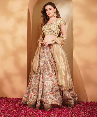 light beige gicha silk printed lehenga set with hand embroidered blouse and dupatta 3