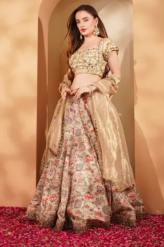 light beige gicha silk printed lehenga set with hand embroidered blouse and dupatta