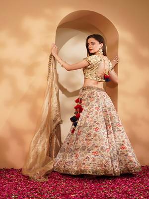 light beige gicha silk printed lehenga set with hand embroidered blouse and dupatta 4