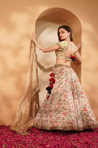 light beige gicha silk printed lehenga set with hand embroidered blouse and dupatta