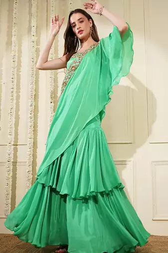 Sea Green Crepe Layered Flair  Fish Skirt Cape Set With Hand Embrodiery