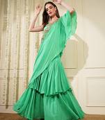 Sea Green Crepe Layered Flair  Fish Skirt Cape Set With Hand Embrodiery