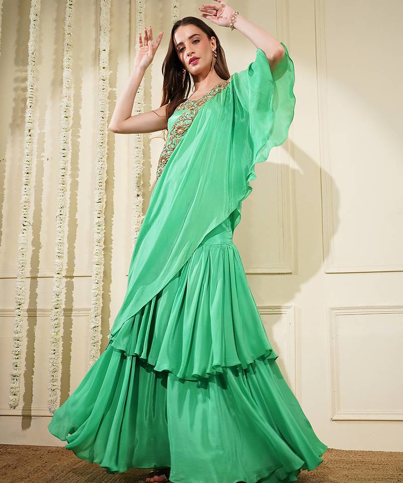 Sea Green Crepe Layered Flair  Fish Skirt Cape Set With Hand Embrodiery