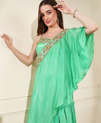 sea green crepe layered flair  fish skirt cape set 2