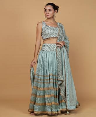 teal viscose silk cutdana embroidery lehenga set with blouse and dupatta 1