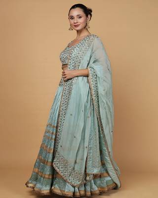 teal viscose silk cutdana embroidery lehenga set with blouse and dupatta 2