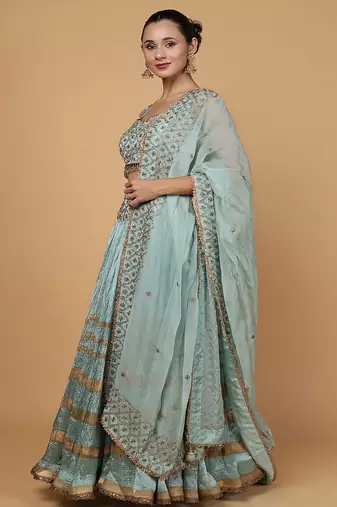 teal viscose silk cutdana embroidery lehenga set with blouse and dupatta