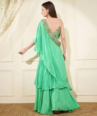 sea green crepe layered flair  fish skirt cape set 4