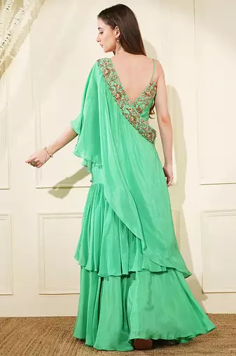 sea green crepe layered flair  fish skirt cape set