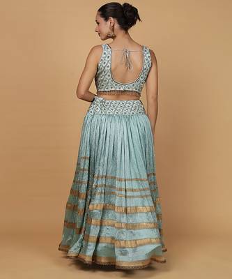 teal viscose silk cutdana embroidery lehenga set with blouse and dupatta 3