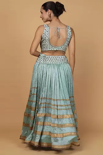 teal viscose silk cutdana embroidery lehenga set with blouse and dupatta