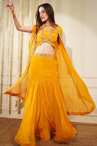 Yellow Mustard Crepe Fish Cut Skirt Cape Set  With Gota Patti Embroidery