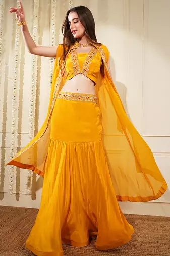 Yellow Mustard Crepe Fish Cut Skirt Cape Set  With Gota Patti Embroidery