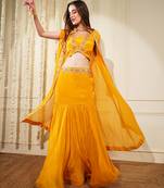 Yellow Mustard Crepe Fish Cut Skirt Cape Set  With Gota Patti Embroidery