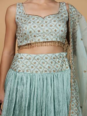 teal viscose silk cutdana embroidery lehenga set with blouse and dupatta 4