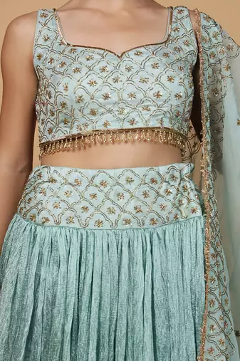 teal viscose silk cutdana embroidery lehenga set with blouse and dupatta