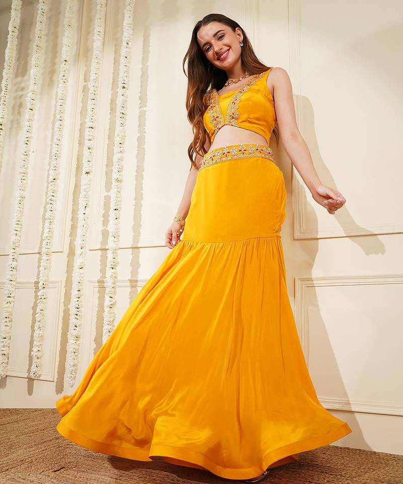 Yellow Mustard Crepe Fish Cut Skirt Cape Set  With Gota Patti Embroidery