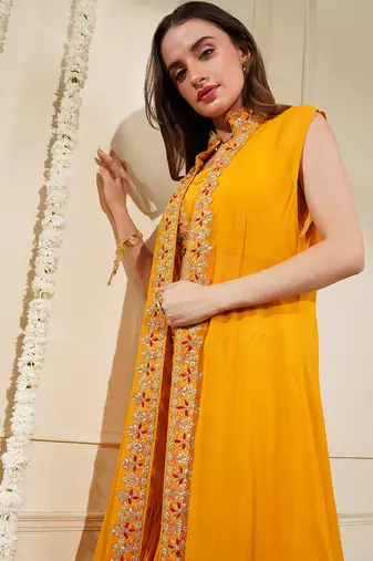 yellow mustard crepe fish cut skirt cape set
