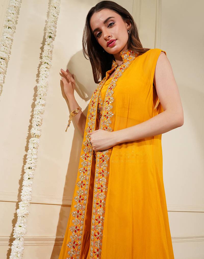 Yellow Mustard Crepe Fish Cut Skirt Cape Set  With Gota Patti Embroidery