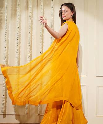 yellow mustard crepe fish cut skirt cape set 4