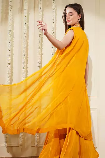 yellow mustard crepe fish cut skirt cape set