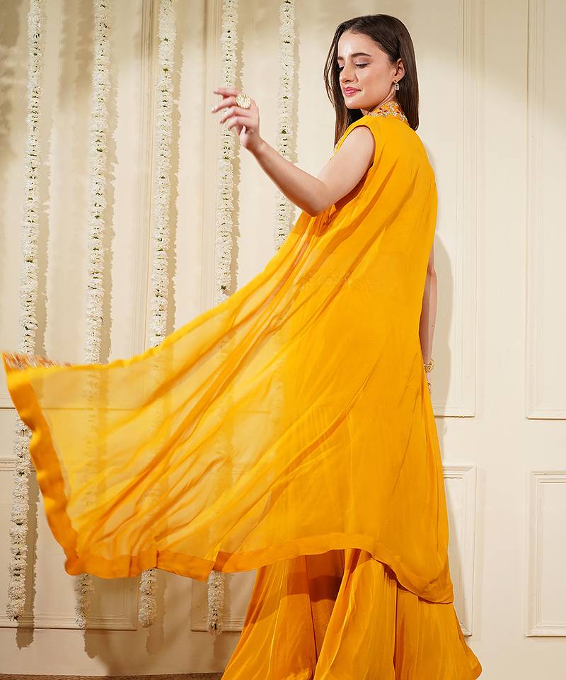 Yellow Mustard Crepe Fish Cut Skirt Cape Set  With Gota Patti Embroidery
