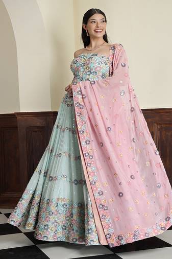 Light Sea Green Georgette Sequins And Bead Lehenga Set