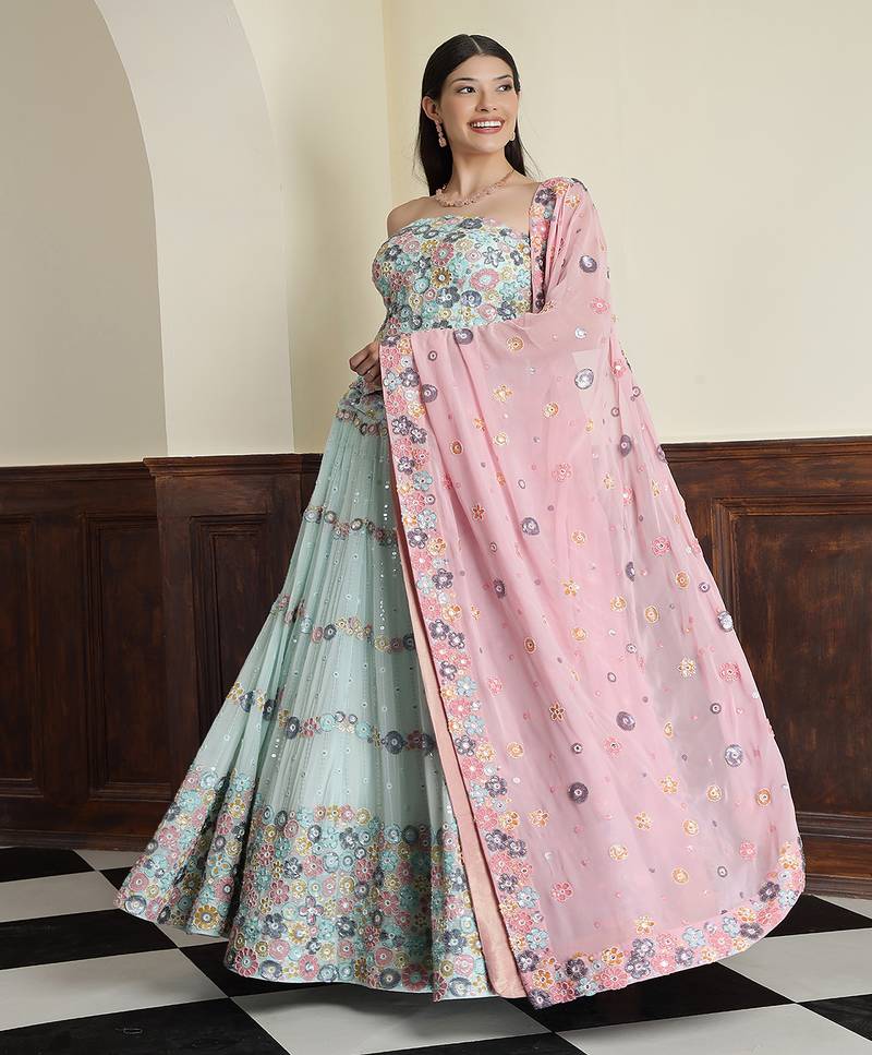 Light Sea Green Georgette Sequins And Bead Lehenga Set