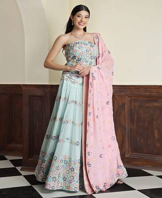 light sea green georgette sequins and bead lehenga set with blouse and dupatta 2