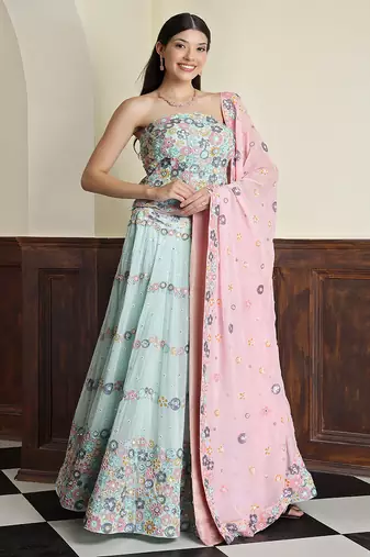 light sea green georgette sequins and bead lehenga set with blouse and dupatta