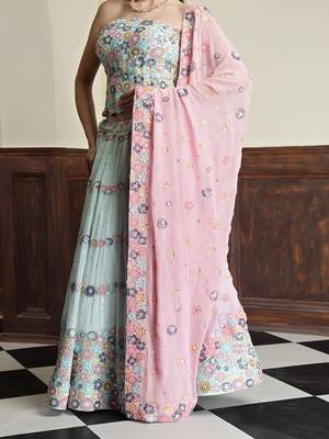 light sea green georgette sequins and bead lehenga set with blouse and dupatta 3