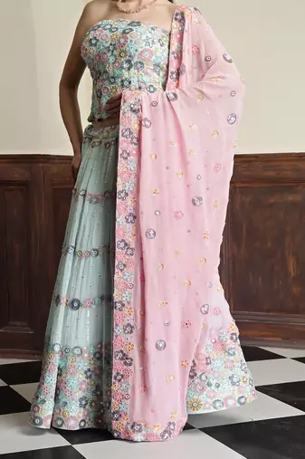light sea green georgette sequins and bead lehenga set with blouse and dupatta