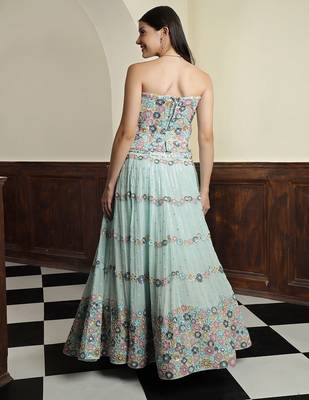 light sea green georgette sequins and bead lehenga set with blouse and dupatta 4