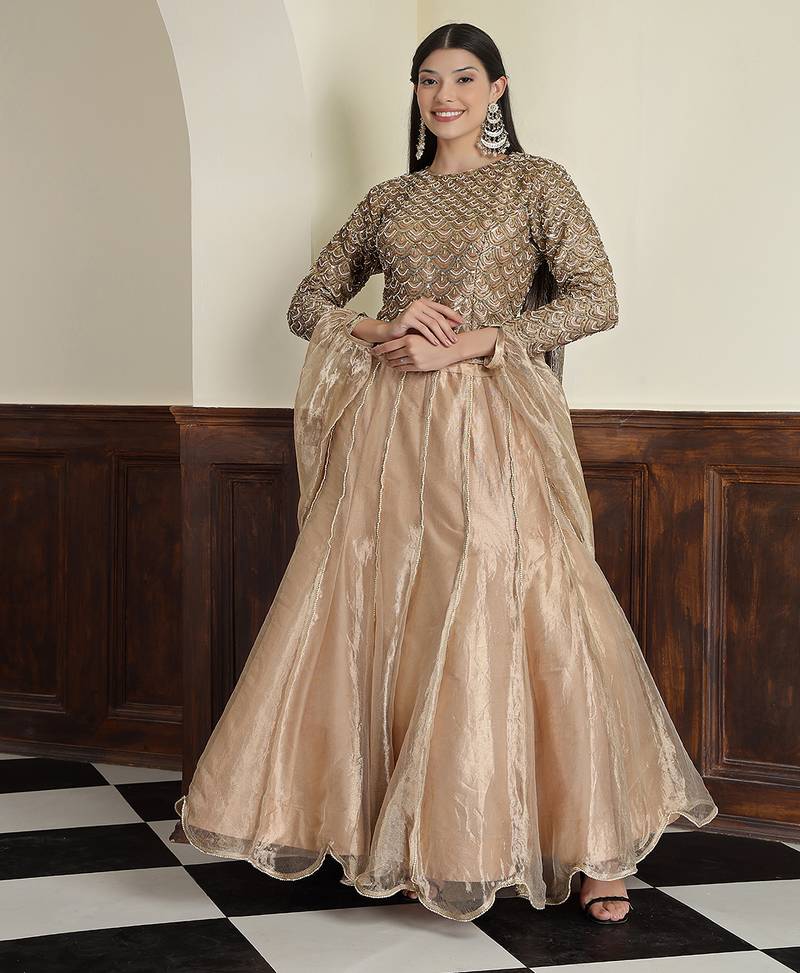 Champagne Tissue Antique  Lehenga Set