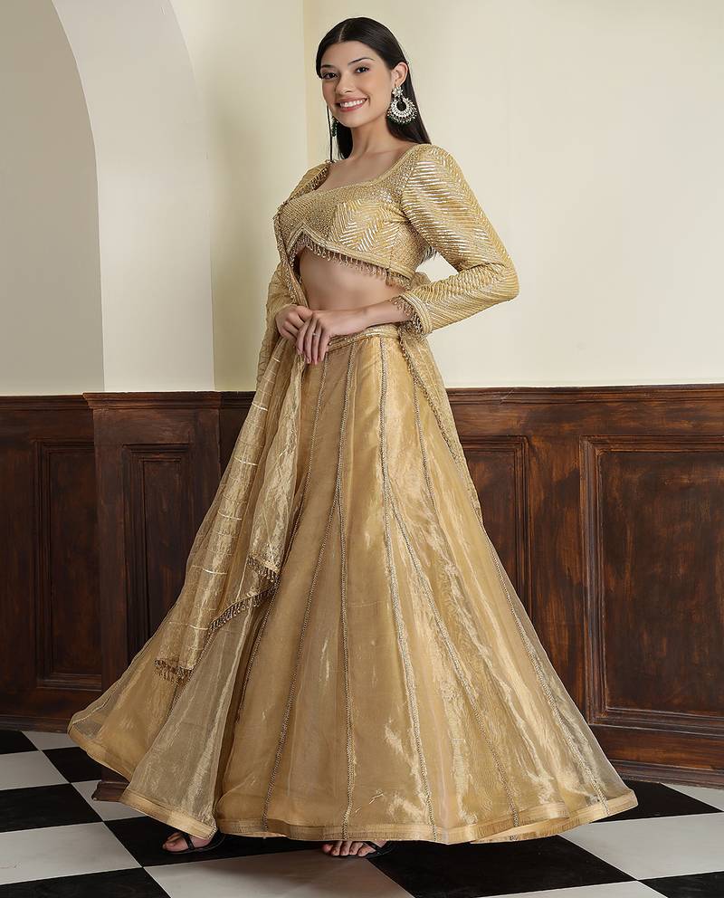 Gold Tissue Sequins Cutdana  Lehenga Set