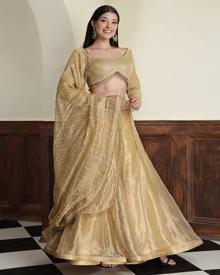 gold tissue sequins cutdana  lehenga set with blouse and dupatta 2