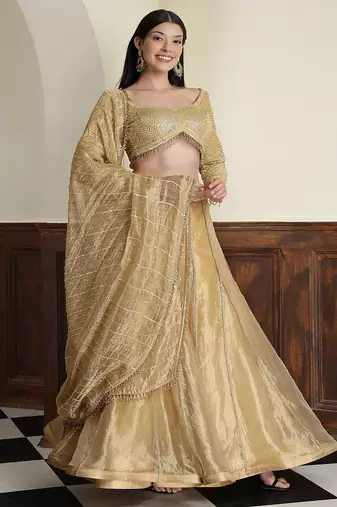 gold tissue sequins cutdana  lehenga set with blouse and dupatta