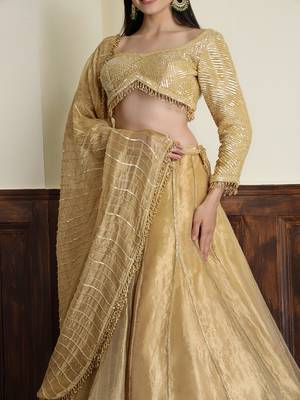 gold tissue sequins cutdana  lehenga set with blouse and dupatta 3