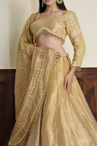 gold tissue sequins cutdana  lehenga set with blouse and dupatta