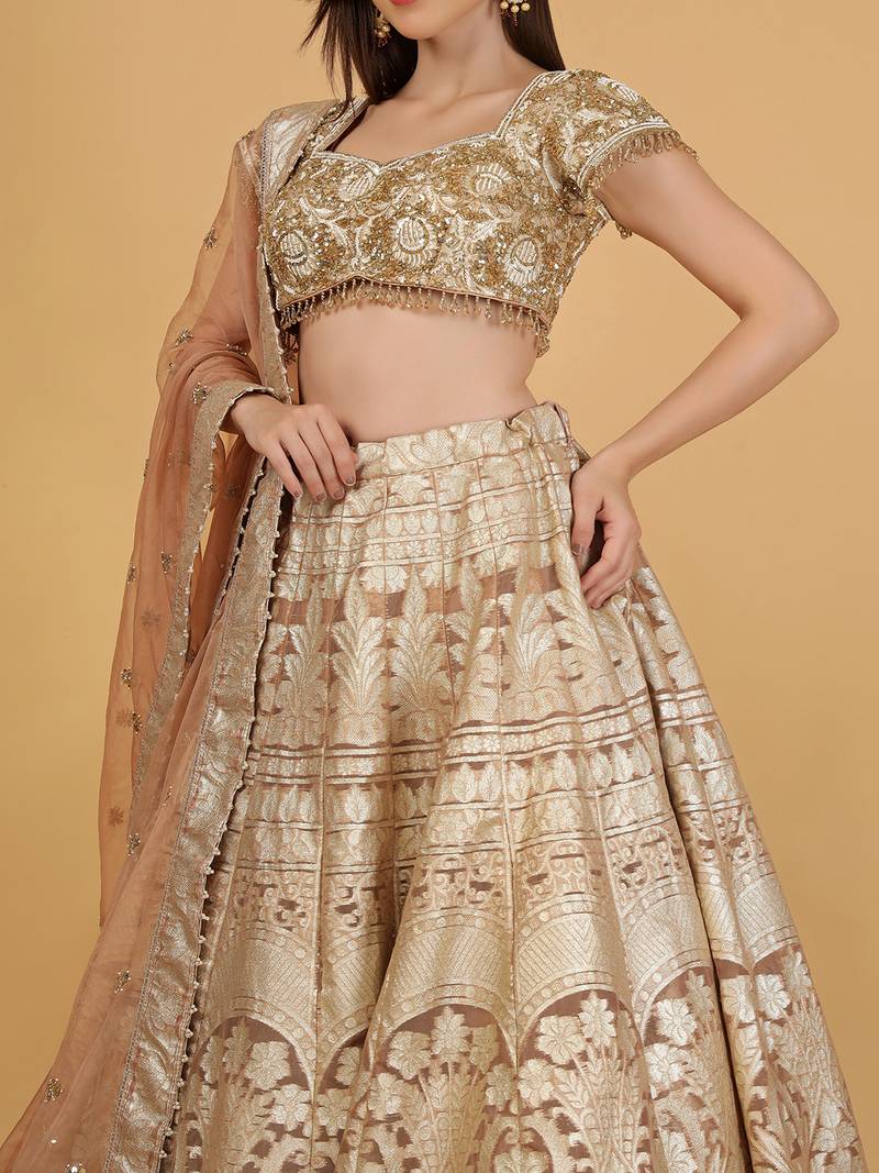 Mocha Brown Sequin Cutdana Bead Organza Lehenga Set