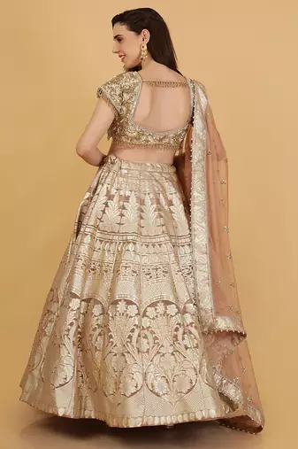 brown sequin cutdana bead organza lehenga set with blouse and dupatta
