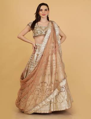 brown sequin cutdana bead organza lehenga set with blouse and dupatta 4
