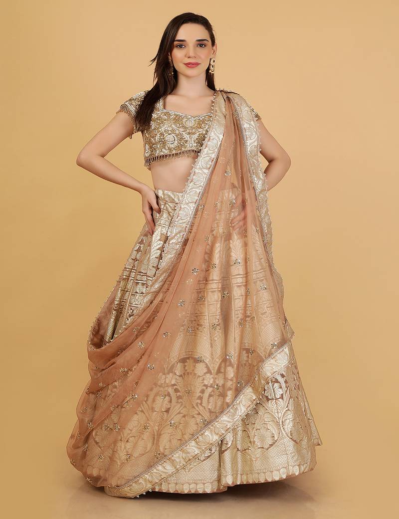 Mocha Brown Sequin Cutdana Bead Organza Lehenga Set